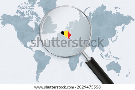 World map with a magnifying glass pointing at Belgium. Map of Belgium with the flag in the loop. Vector illustration.