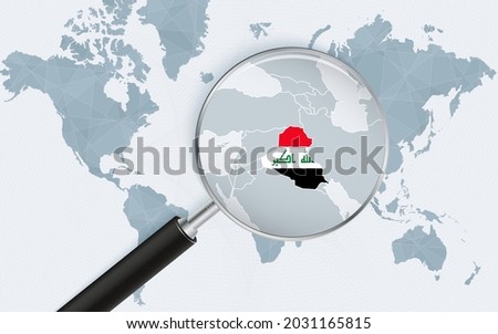 World map with a magnifying glass pointing at Iraq. Map of Iraq with the flag in the loop. Vector illustration.