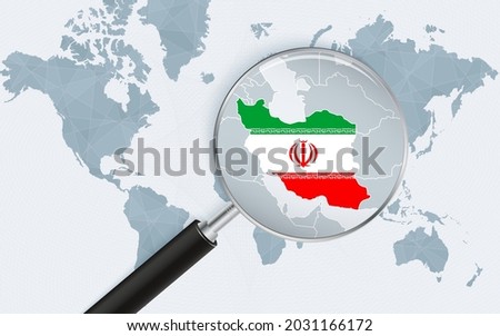 World map with a magnifying glass pointing at Iran. Map of Iran with the flag in the loop. Vector illustration.