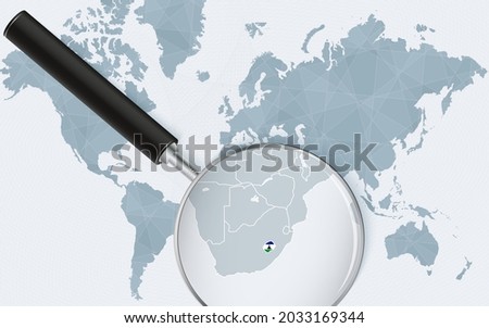 World map with a magnifying glass pointing at Lesotho. Map of Lesotho with the flag in the loop. Vector illustration.