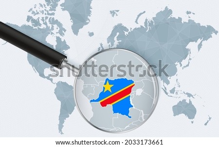 World map with a magnifying glass pointing at DR Congo. Map of DR Congo with the flag in the loop. Vector illustration.