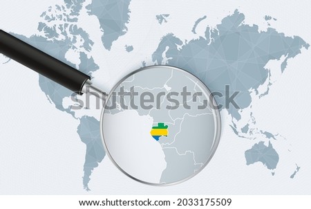 World map with a magnifying glass pointing at Gabon. Map of Gabon with the flag in the loop. Vector illustration.
