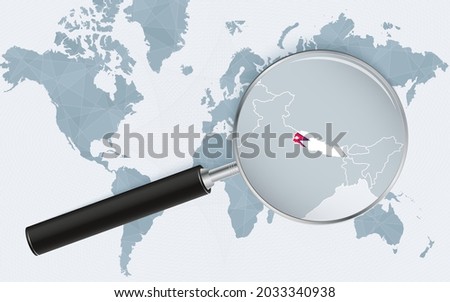 World map with a magnifying glass pointing at Nepal. Map of Nepal with the flag in the loop. Vector illustration.