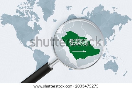 World map with a magnifying glass pointing at Saudi Arabia. Map of Saudi Arabia with the flag in the loop. Vector illustration.