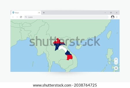 Browser window with map of Laos, searching  Laos in internet. Modern browser window template.