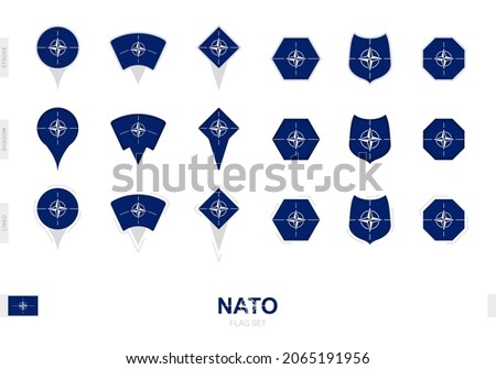 Collection of the Nato flag in different shapes and with three different effects. Vector flag set.
