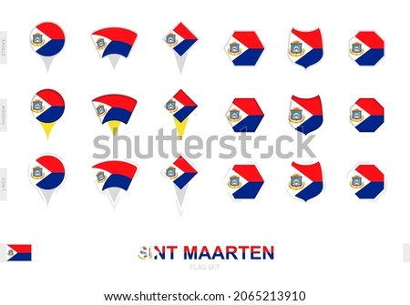 Collection of the Sint Maarten flag in different shapes and with three different effects. Vector flag set.