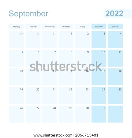 2022 September wall planner in blue pastel color, week starts on Monday. Calendar for September 2022 with blue square and with day of previous and next month.