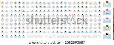 Collection of rectangular map with pin icon, national flags and maps of the world. Vector set.