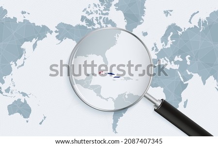 Enlarged map of Cuba on America centered World Map. Magnified map and flag of Cuba. Vector template.