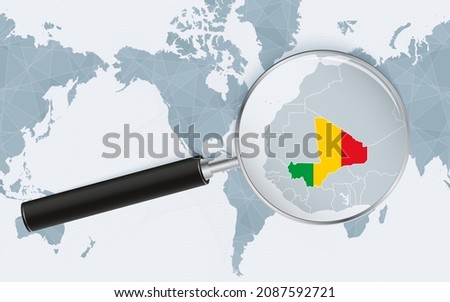 Enlarged map of Mali on America centered World Map. Magnified map and flag of Mali. Vector template.