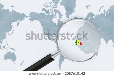 Enlarged map of Senegal on America centered World Map. Magnified map and flag of Senegal. Vector template.