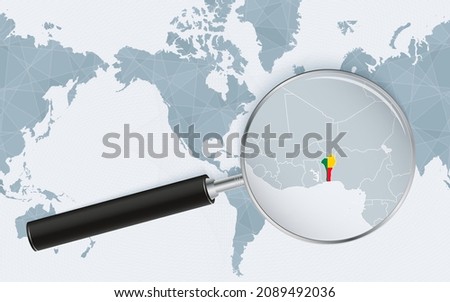 Enlarged map of Benin on America centered World Map. Magnified map and flag of Benin. Vector template.