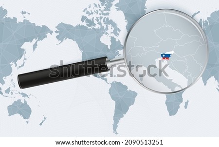 Enlarged map of Slovenia on America centered World Map. Magnified map and flag of Slovenia. Vector template.