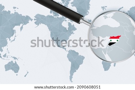 Enlarged map of Syria on America centered World Map. Magnified map and flag of Syria. Vector template.