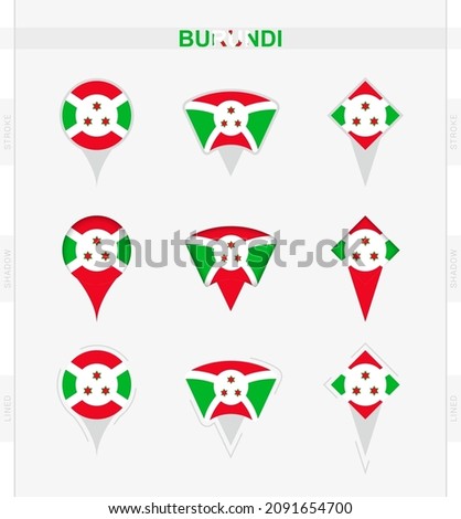 Burundi flag, set of location pin icons of Burundi flag. Vector illustration of national symbols.