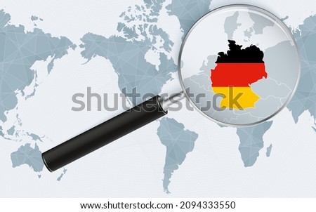 Enlarged map of Germany on America centered World Map. Magnified map and flag of Germany. Vector template.