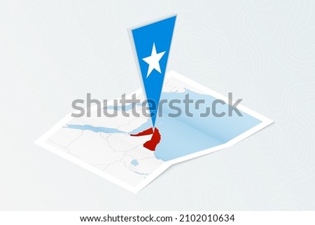 Isometric paper map of Somalia with triangular flag of Somalia in isometric style. Map on topographic background. Vector illustration.