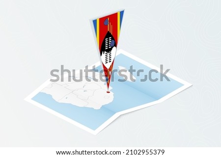 Isometric paper map of Swaziland with triangular flag of Swaziland in isometric style. Map on topographic background. Vector illustration.