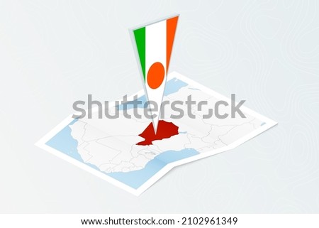 Isometric paper map of Niger with triangular flag of Niger in isometric style. Map on topographic background. Vector illustration.