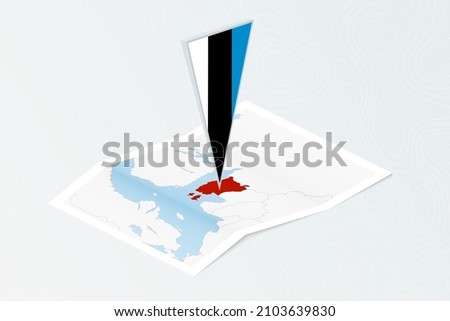 Isometric paper map of Estonia with triangular flag of Estonia in isometric style. Map on topographic background. Vector illustration.