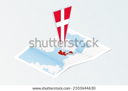 Isometric paper map of Denmark with triangular flag of Denmark in isometric style. Map on topographic background. Vector illustration.