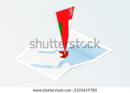 Isometric paper map of Oman with triangular flag of Oman in isometric style. Map on topographic background. Vector illustration.