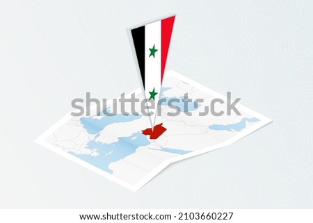 Isometric paper map of Syria with triangular flag of Syria in isometric style. Map on topographic background. Vector illustration.