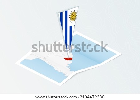 Isometric paper map of Uruguay with triangular flag of Uruguay in isometric style. Map on topographic background. Vector illustration.