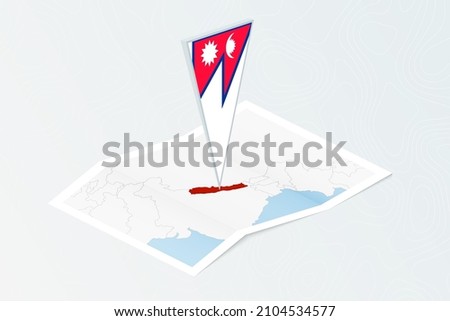 Isometric paper map of Nepal with triangular flag of Nepal in isometric style. Map on topographic background. Vector illustration.