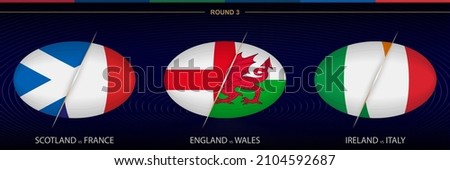 Rugby Tournament round 3, ball shaped rugby icon on blue background. Vector template.