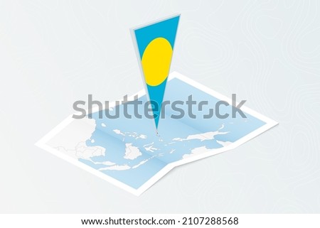 Isometric paper map of Palau with triangular flag of Palau in isometric style. Map on topographic background. Vector illustration.