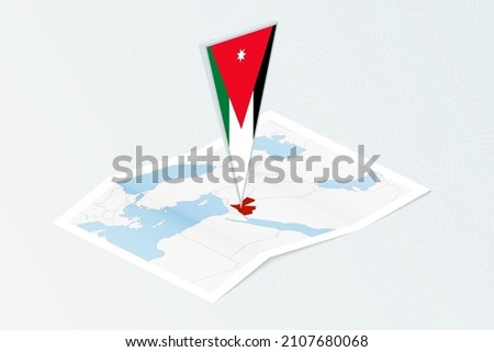 Isometric paper map of Jordan with triangular flag of Jordan in isometric style. Map on topographic background. Vector illustration.
