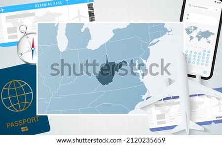 Journey to West Virginia, illustration with a map of West Virginia. Background with airplane, cell phone, passport, compass and tickets. Vector mockup.