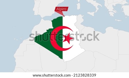 Algeria map highlighted in Algeria flag colors and pin of country capital Algiers, map with neighboring African countries.
