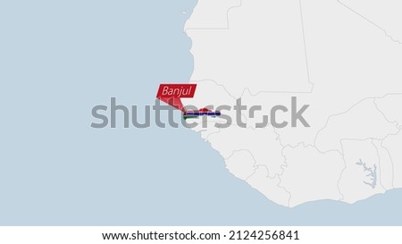 Gambia map highlighted in Gambia flag colors and pin of country capital Banjul, map with neighboring African countries.