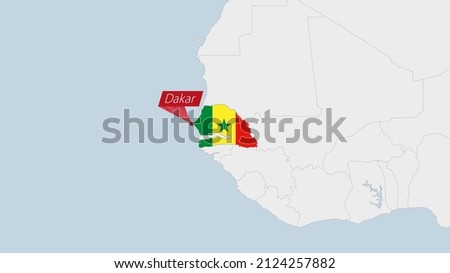 Senegal map highlighted in Senegal flag colors and pin of country capital Dakar, map with neighboring African countries.