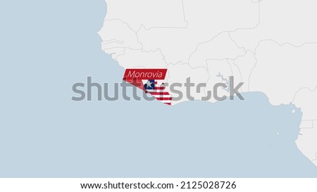 Liberia map highlighted in Liberia flag colors and pin of country capital Monrovia, map with neighboring African countries.