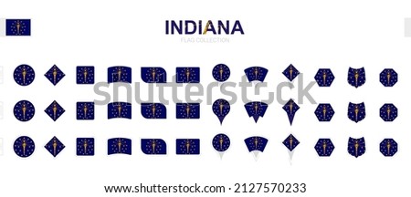 Large collection of Indiana flags of various shapes and effects. Big set of vector flag.