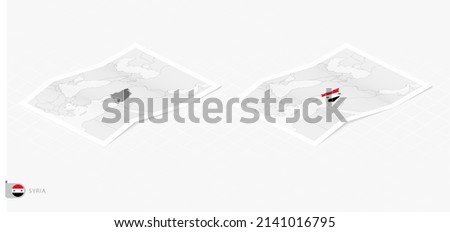Set of two realistic map of Syria with shadow. The flag and map of Syria in isometric style. Vector template.
