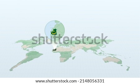 World map in perspective showing the location of the country Mauritania with detailed map with flag of Mauritania. Vector illustration.