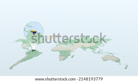 World map in perspective showing the location of the country Venezuela with detailed map with flag of Venezuela. Vector illustration.