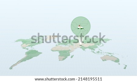 World map in perspective showing the location of the country Tajikistan with detailed map with flag of Tajikistan. Vector illustration.