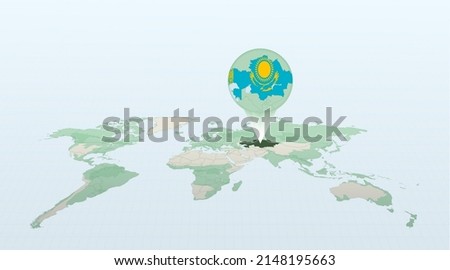 World map in perspective showing the location of the country Kazakhstan with detailed map with flag of Kazakhstan. Vector illustration.