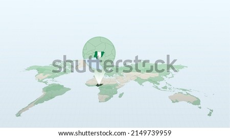 World map in perspective showing the location of the country Nigeria with detailed map with flag of Nigeria. Vector illustration.