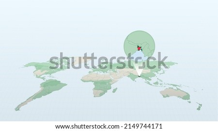 World map in perspective showing the location of the country Bangladesh with detailed map with flag of Bangladesh. Vector illustration.