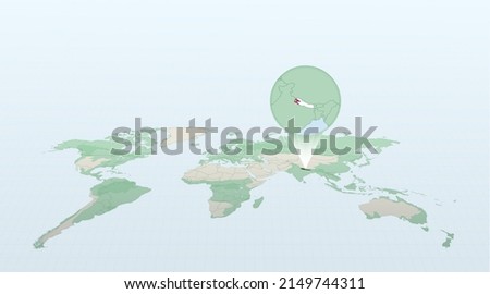 World map in perspective showing the location of the country Nepal with detailed map with flag of Nepal. Vector illustration.