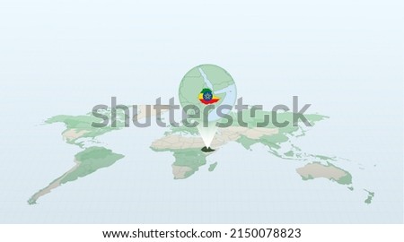 World map in perspective showing the location of the country Ethiopia with detailed map with flag of Ethiopia. Vector illustration.