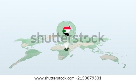 World map in perspective showing the location of the country Sudan with detailed map with flag of Sudan. Vector illustration.