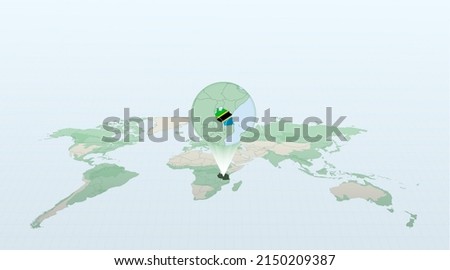 World map in perspective showing the location of the country Tanzania with detailed map with flag of Tanzania. Vector illustration.